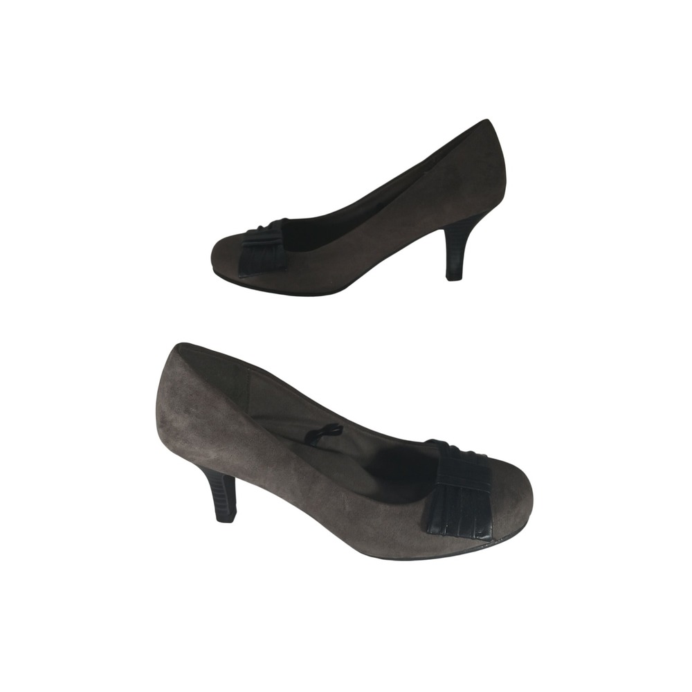 Massini Vienna Pumps 7 Taupe Gray Black Kitten Heel Faux Suede Round Toe Office
